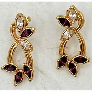 VTG Avon Earrings Purple Clear Rhinestone Crystal Gold Plated Open Swirl Dangle